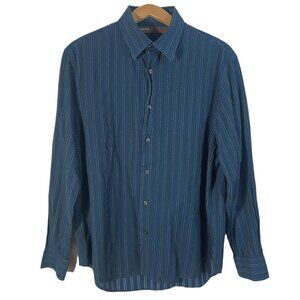 Perry Ellis Navy Blue White Dots Stripes Men's Button Up Long Sleeve Size L